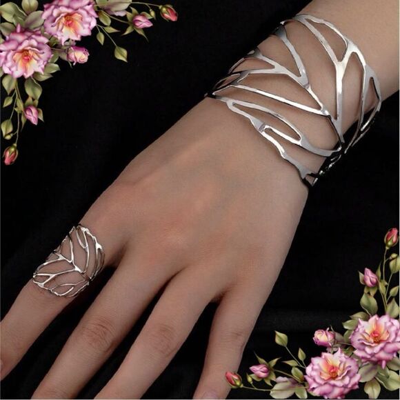 Bangle bracelet & Ring set Metal Leaf Design silver color - Picture 1 of 12